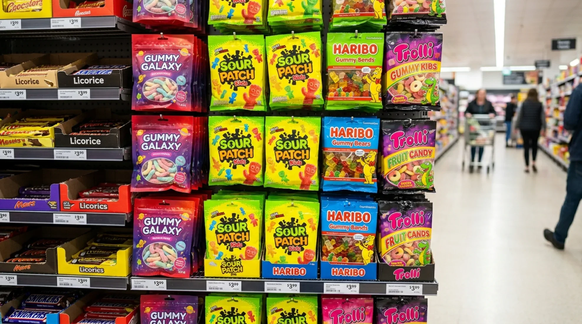 eye catching gummy candy on shelf of supermarket